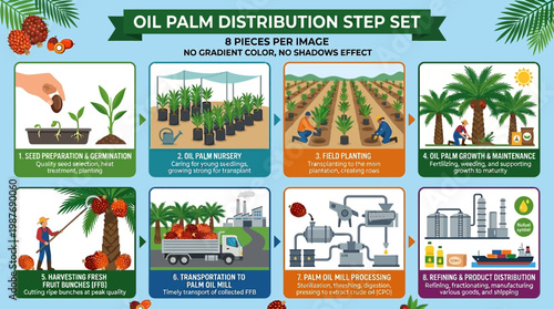 Oil palm distribution infographic steps for cultivation and production process