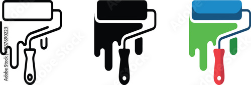 Paint roller icon set with brush and color tools, renovation and interior symbols, outline flat and colored vector illustration