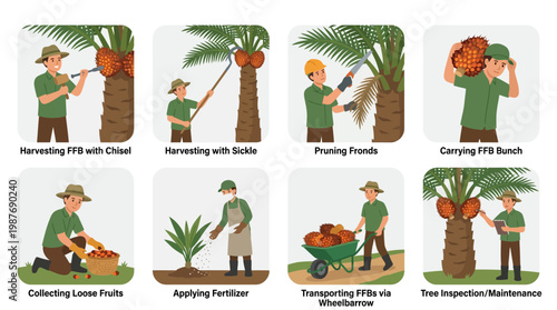 Palm tree harvesting and maintenance worker collecting fruits