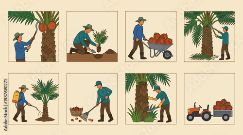 Palm tree cultivation process with workers harvesting and planting palms