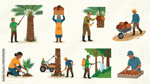 palm oil tree cultivation and harvesting process with workers