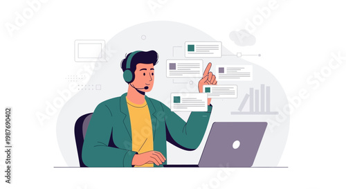 Customer service agent with headset and laptop, interacting with digital interface