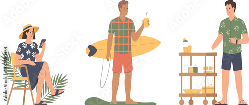 Digital nomads working remotely in tropical beach settings, people using laptops and tablets, flat vector illustration set