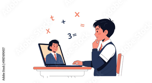 Boy learning math online with teacher via video call, e-learning concept