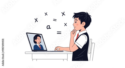 Boy Learning Math Online with Teacher on Laptop, E-learning Concept