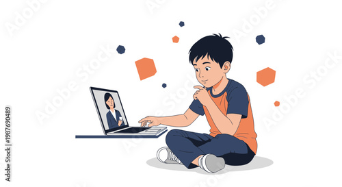 Boy learning online with laptop, video call with teacher, digital education concept
