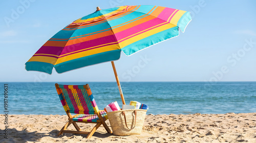 Colorful beach umbrella shading a striped chair and woven bag on sunny sand by the sea.