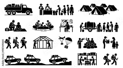 Black and White Vector Icons: Humanitarian Aid, Logistics, and Community Support