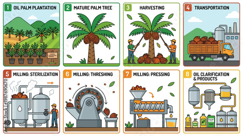 Palm oil production process steps illustrated from plantation to final products
