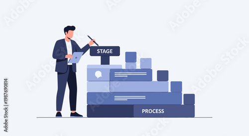 Businessman planning stages of a business process on a staircase chart