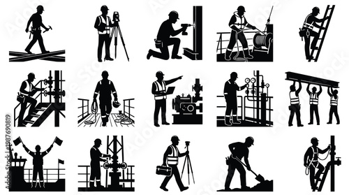 Construction, Engineering, and Industrial Workers Silhouette Icons Set - Black  White Vector Glyphs