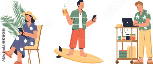 Digital nomads working remotely in tropical beach settings, people using laptops and tablets, flat vector illustration set