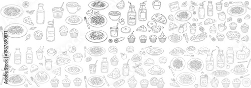 A delightful collection of hand-drawn food illustrations featuring various dishes and beverages.