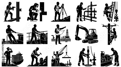 Black  White Industrial Workers Glyph Icons Set