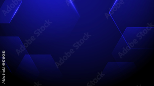 Dark blue abstract background with translucent hexagonal layers and glowing light edges perfect for corporate and tech themes