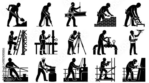 Construction Workers Silhouettes Vector Icons Set - Industrial Laborers  Tradesmen Roles
