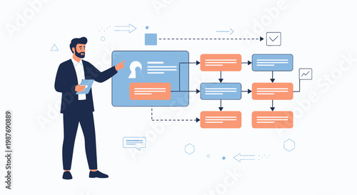 Businessman presenting a flowchart, explaining business strategy and workflow