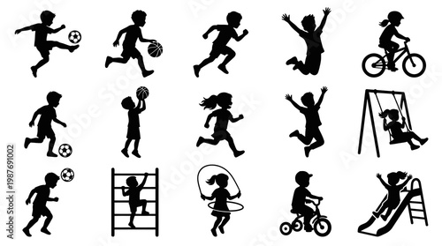 Children's Recreation: Kids Playing Sports  Playground Activities Black Silhouette Vector