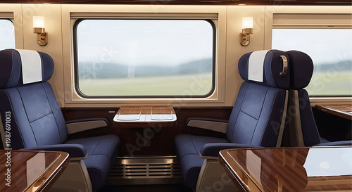 Luxurious train cabin with comfortable seating and large windows offering scenic views of the countryside