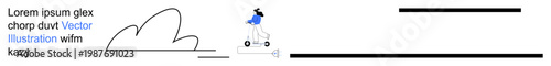 Urban transportation, eco-friendly commuting, design simplicity, modern lifestyle, graphic layout, minimalism. A person rides a scooter alongside a cloud, text and abstract lines. Urban