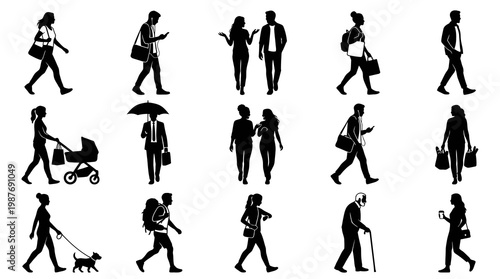 Black and White Vector Silhouettes: Diverse People in Urban Lifestyle and Daily Activities