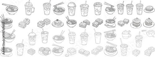 An array of hand-drawn illustrations featuring various beverages and dessert items in a fun, playful style.