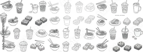 A delightful collection of hand-drawn desserts and beverages showcasing various sweet treats.