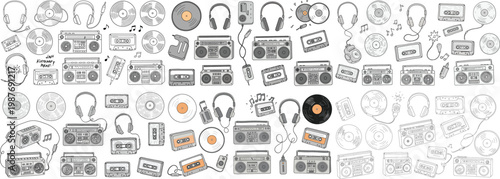 A vibrant collage of retro music items including cassette tapes, vinyl records, and headphones.