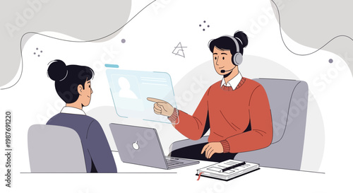 Customer service agent helping client with holographic interface, remote work, online support