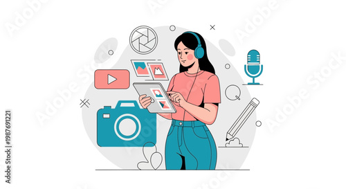 Creative person with tablet, headphones, camera, microphone, video and photo icons
