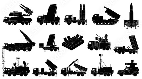 Black Silhouette Military Missile Launchers and Defense Vehicles Vector Icons Set