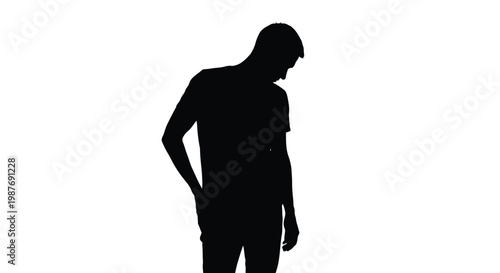 Minimalist vector graphic illustration of a young man standing in a pensive posture showing a thoughtful expression while looking downwards isolated on a plain background