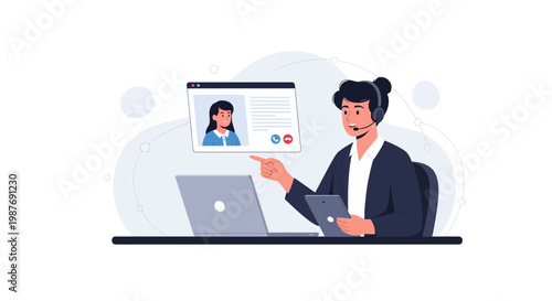 Customer service agent in video call with client on laptop, remote work concept
