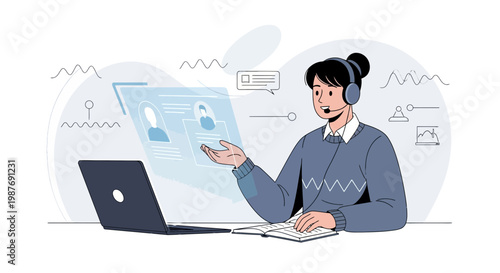 Customer service agent interacting with holographic interface, online support, remote work