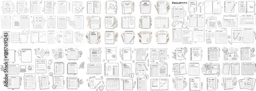 A detailed array of illustrated planners and notes illustrating productivity concepts and organizational methods.