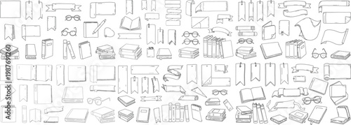 A collection of hand-drawn illustrations of books, ribbons, and glasses in a minimalist style.
