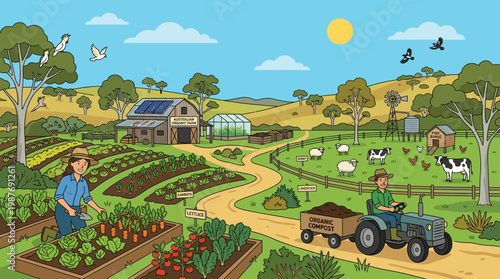 A happy farmer driving a tractor pulls organic compost near a woman tending to fresh vegetable crops in the garden