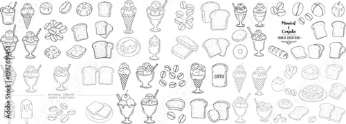A playful collection of hand-drawn dessert illustrations featuring ice creams, pastries, and coffee.