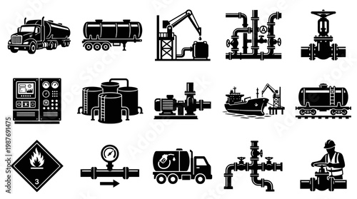 Oil Gas Industry Icons Set - Petroleum, Chemical Equipment, Transport  Hazard Glyph Vector