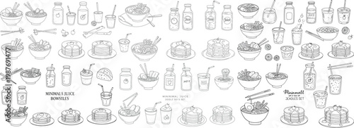 A collection of hand-drawn illustrations featuring various bowls, drinks, and food items.