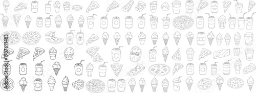 A colorful collection of hand-drawn food and drink icons, perfect for menus and design projects.