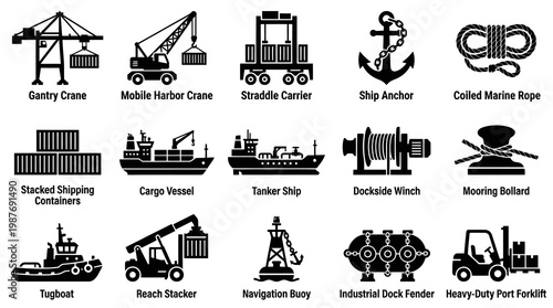 Set of Marine and Port Equipment Icons: Black and White Glyph Art