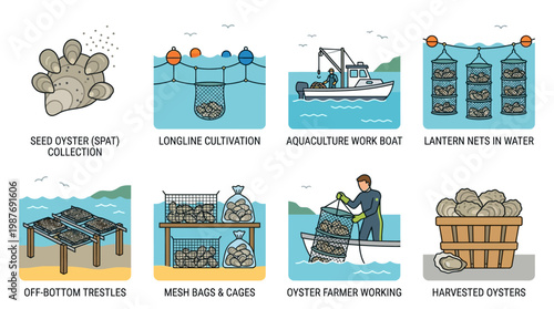 Oyster farming methods and equipment illustration set for aquaculture industry