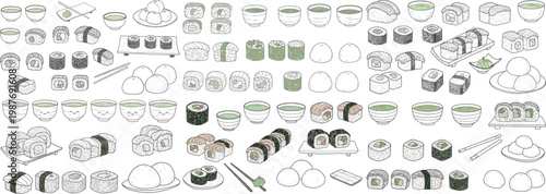 A beautifully arranged selection of sushi and traditional Japanese dishes, showcasing different types and styles.