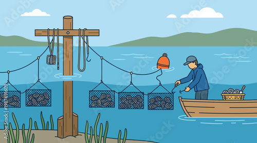 A fisherman in a small wooden boat harvests fresh oysters from hanging wire mesh cages on a sunny day