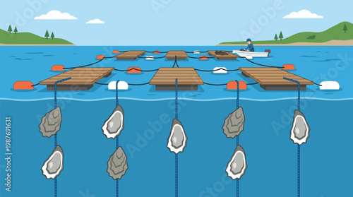 Illustration showing a sustainable oyster farming operation with wooden platforms and mollusks hanging from ropes in the blue ocean water