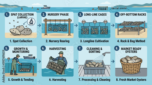Oyster farming process steps illustrated from spat collection to market ready oysters
