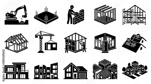 Construction Building Process  Architecture Glyph Icons Set - House, Home  City Development