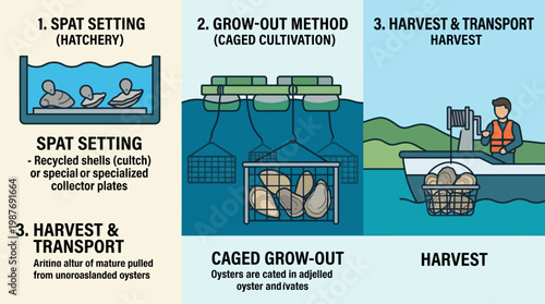 Oyster farming process stages illustrated with spat setting, caged grow-out, and harvest transport