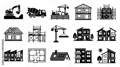 Black and White Construction, Building, and Real Estate Glyph Icons Set